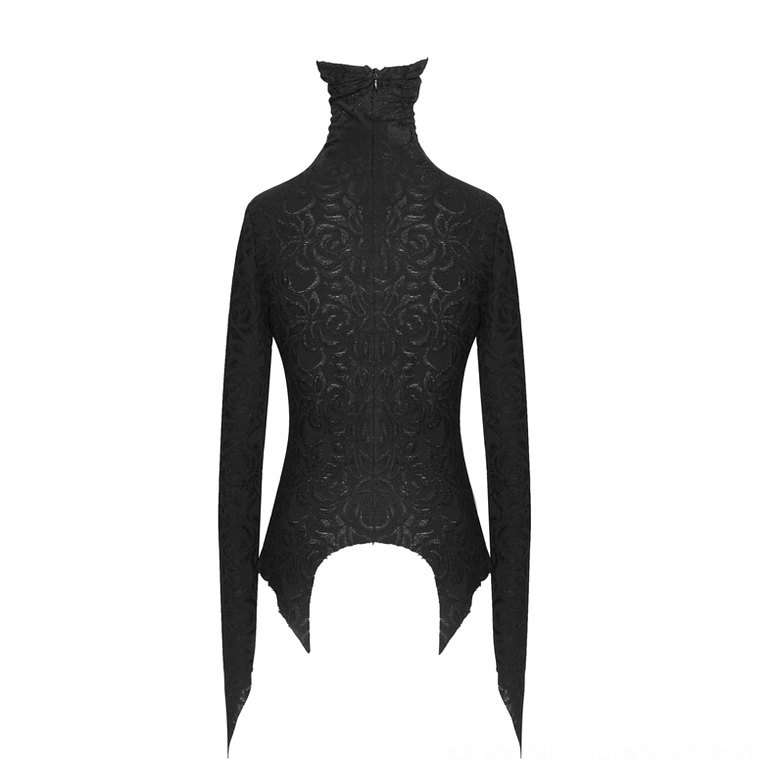 Black gothic long sleeve top with floral jacquard texture and asymmetrical split hem, back mannequin view