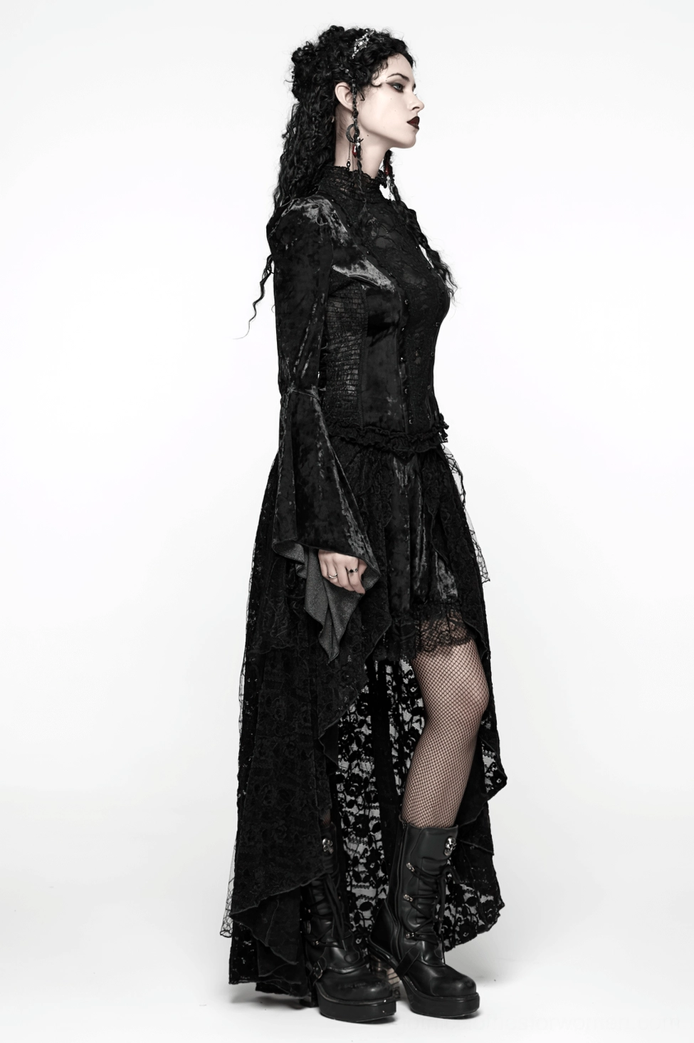 Detail view of gothic top's lace front panel, decorative elements, and handkerchief sleeve construction showing fabric layering