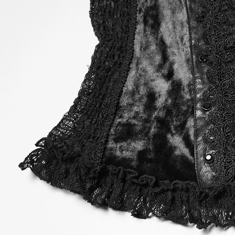 Close-up detail of top hem and side panel featuring floral lace trim, decorative buttons, and crushed velvet texture