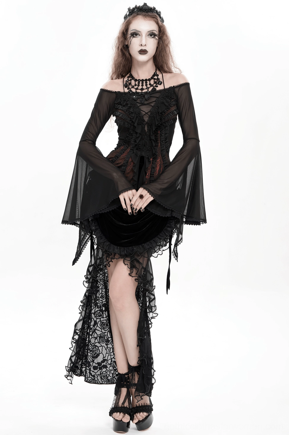 Gothic off-shoulder lace ruffle top lower bodice and hem detail on mannequin
