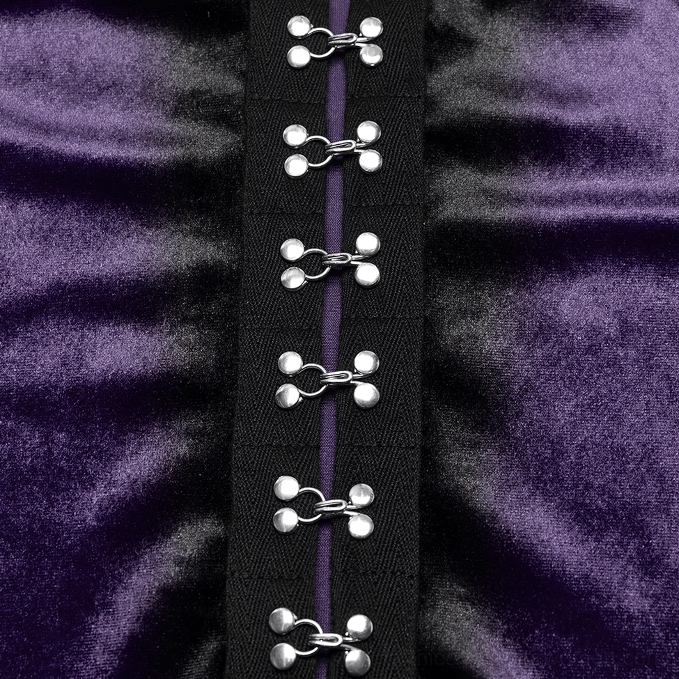 Close-up detail of silver metal hook closures on gothic velvet top showing hardware craftsmanship