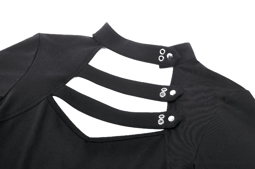 Close-up detail of metal button decorations on chest cutout straps of black gothic top