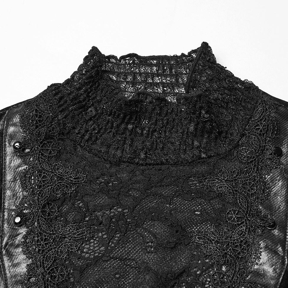 Close-up of high mock neck collar showing ruched lace overlay, sheer lace detailing, and decorative buttons on gothic velvet top