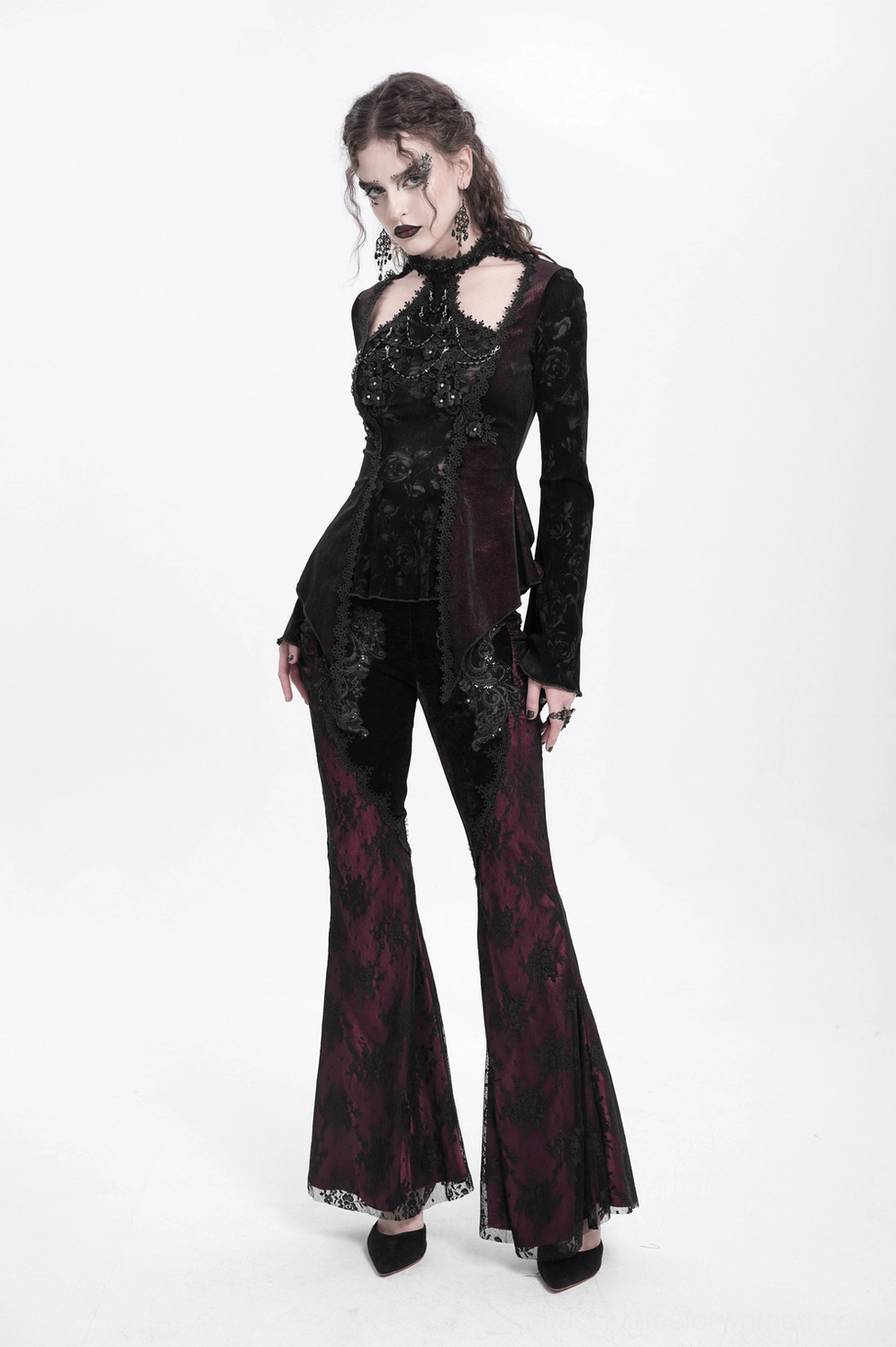Gothic bell sleeve lace top - detail shot of neckline construction, metal chains, and rose embellishments