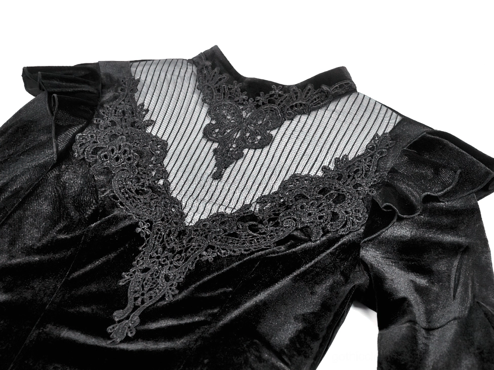 Close-up detail of gothic top neckline showing sheer striped mesh and black lace embroidery on velvet fabric