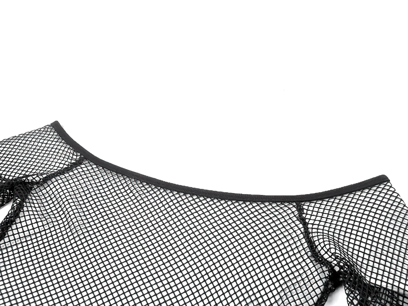 Close-up detail of off-shoulder neckline with fishnet mesh and binding trim