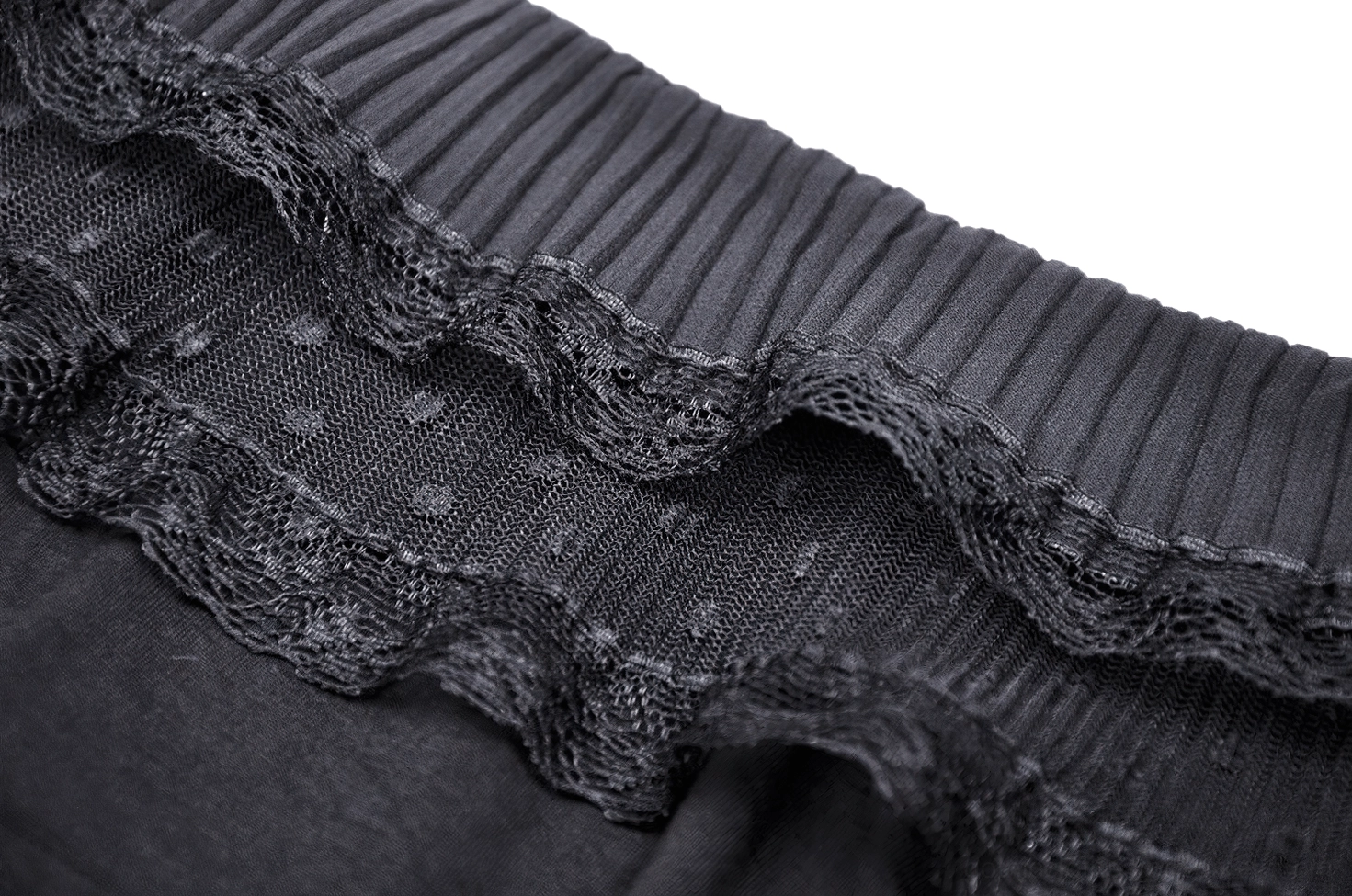 Close-up detail of gothic top neckline with ribbed knit base and mesh lace ruffled edging