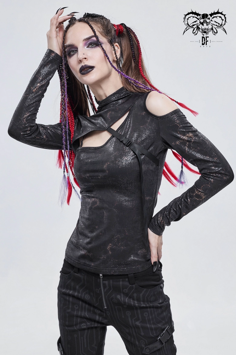 Black gothic slim fitted long sleeve top with cold shoulder and adjustable buckle strap, product display view