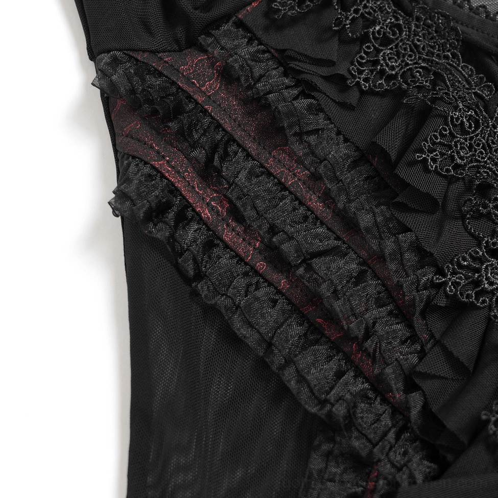 Off-shoulder gothic lace top ruffled bodice detail showing layered mesh and intricate lace patterns