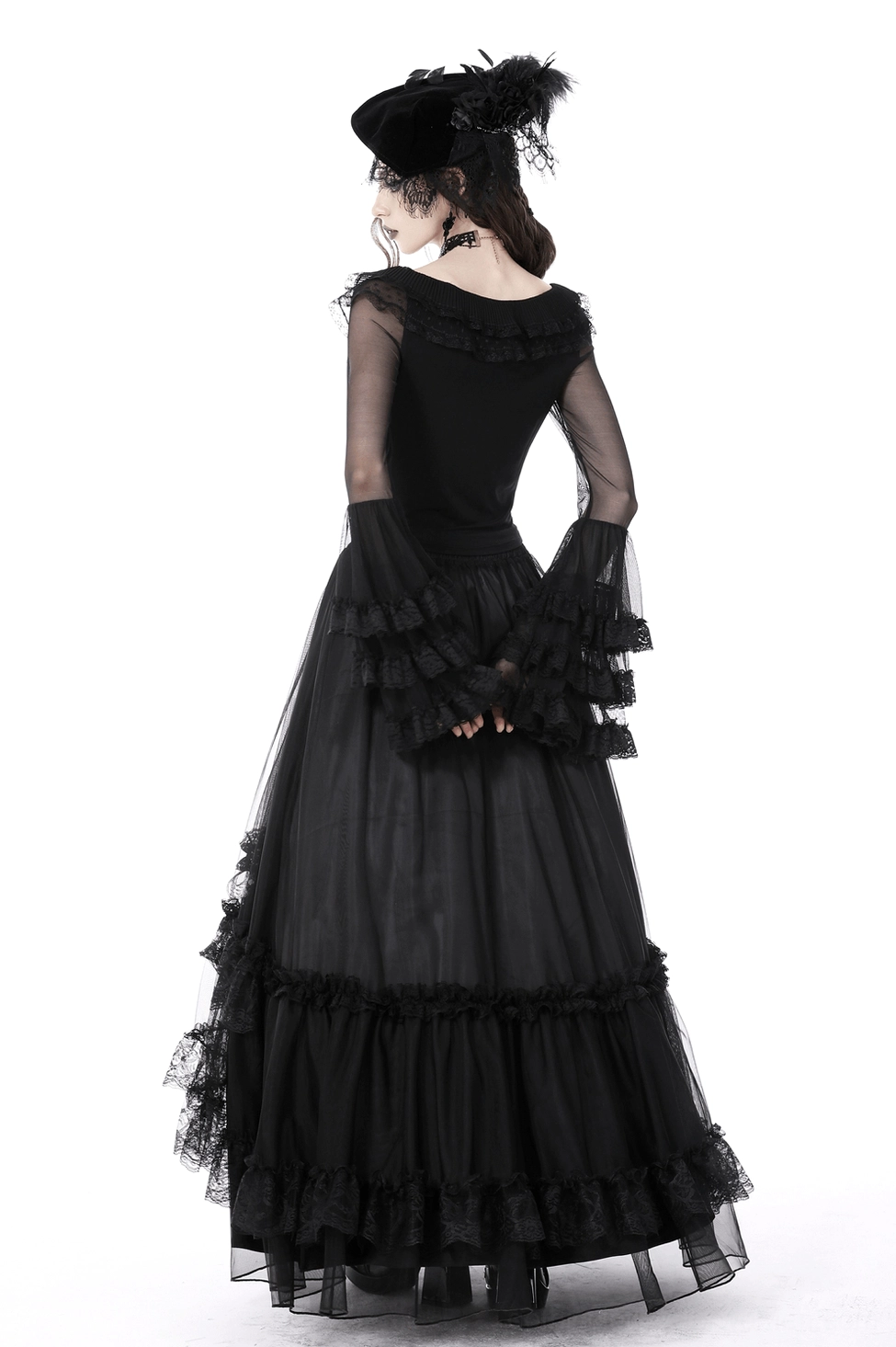 Ruffled mesh sleeve detail on black lace gothic top showing construction quality