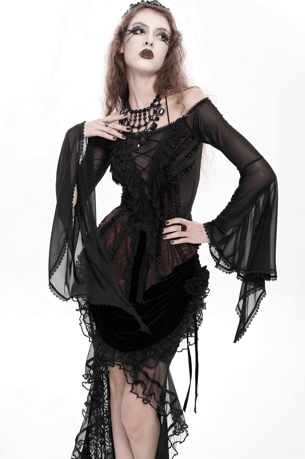 Off-shoulder gothic lace top corner detail of ruffled trim and mesh construction