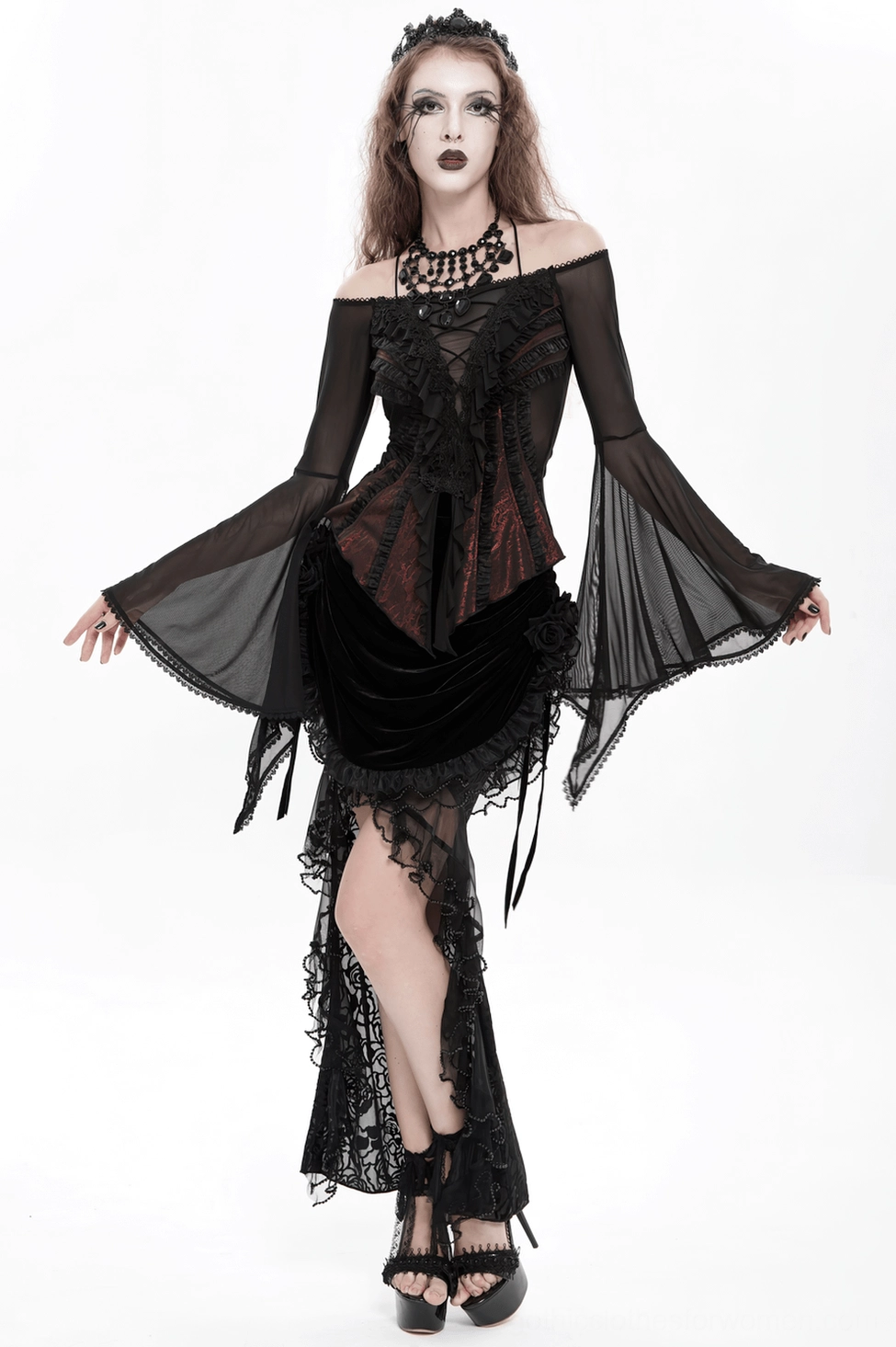Off-shoulder gothic top shoulder seam and sheer sleeve connection detail