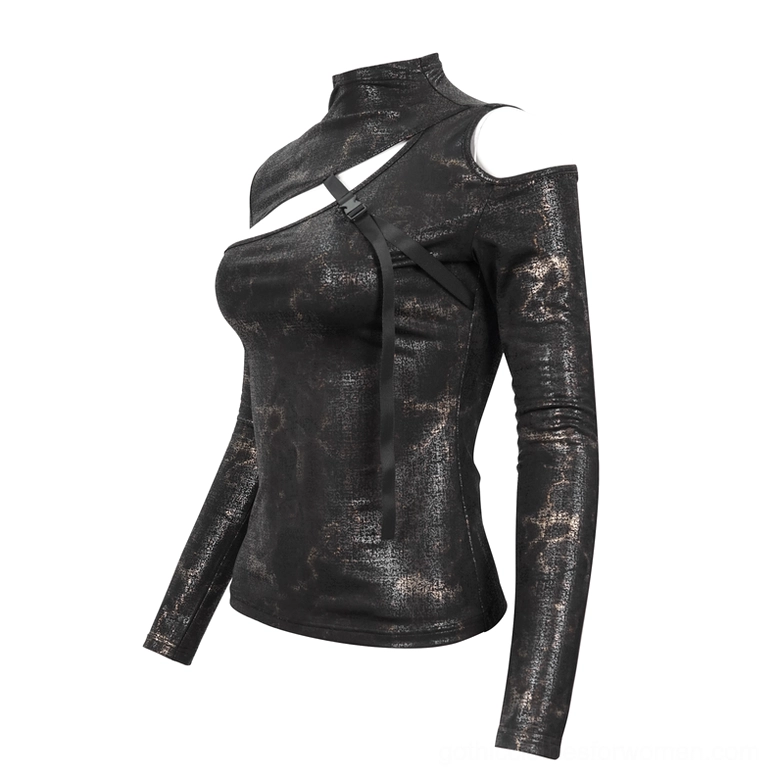 Gothic women's black long sleeve cutout top, left side view showing distressed metallic printed fabric and bodycon fit