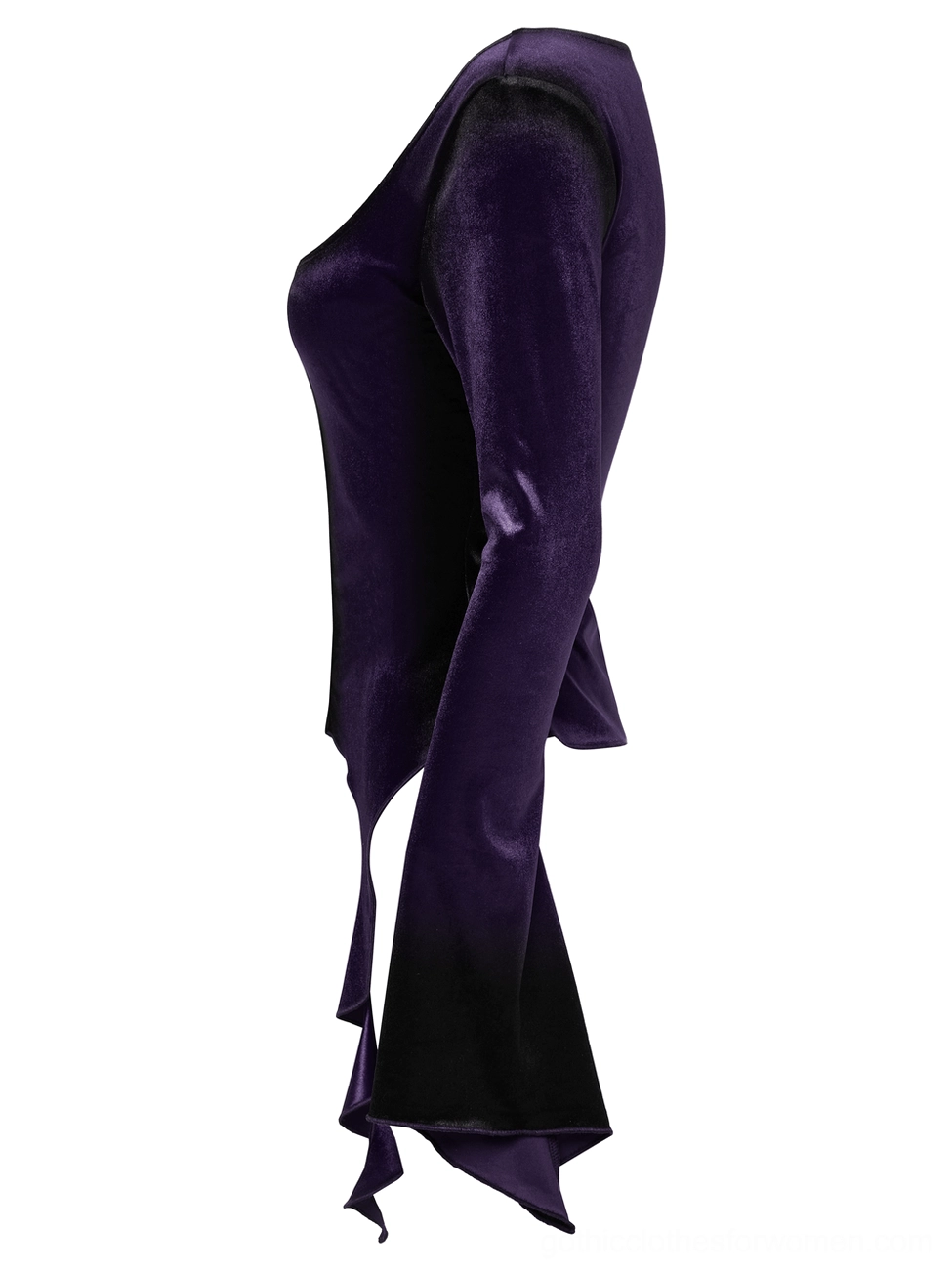 Side view flat lay of purple gothic long sleeve top showing slim silhouette and sleeve construction detail