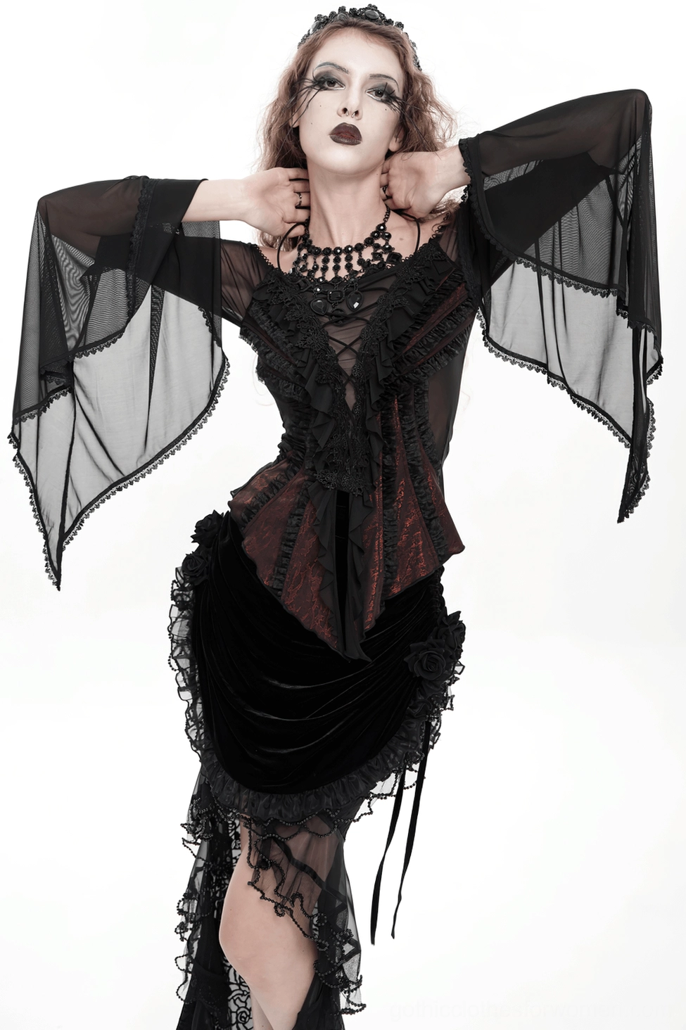 Black wine red gothic ruffle lace top sheer sleeve edge and lace trim detail
