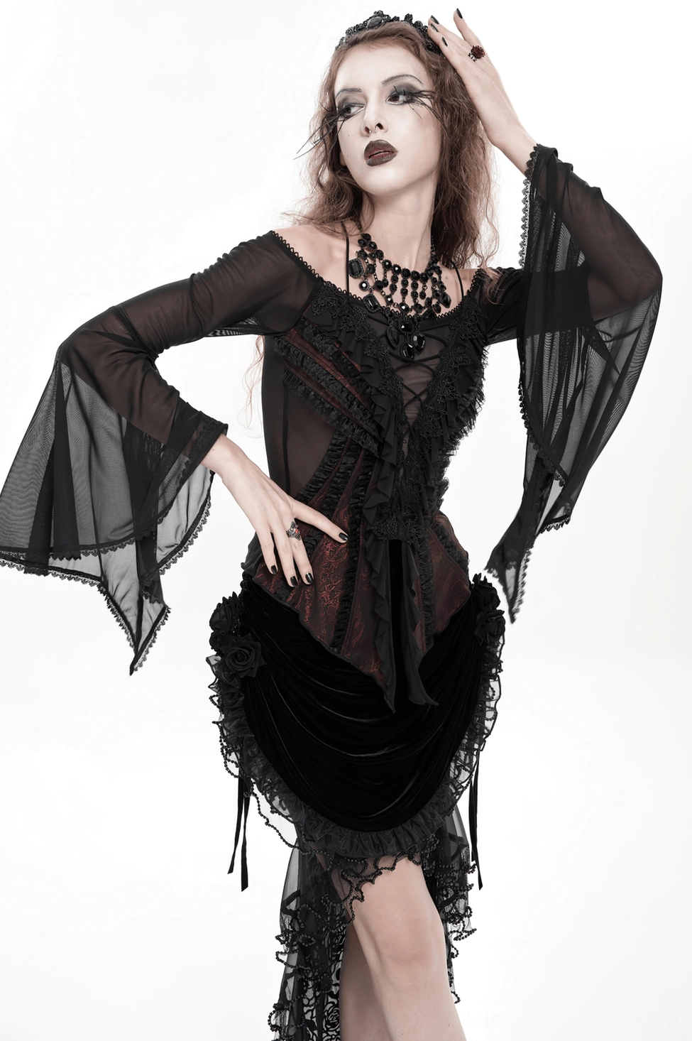 Gothic off-shoulder top sleeve detail showing sheer mesh bell shape and intricate stitching