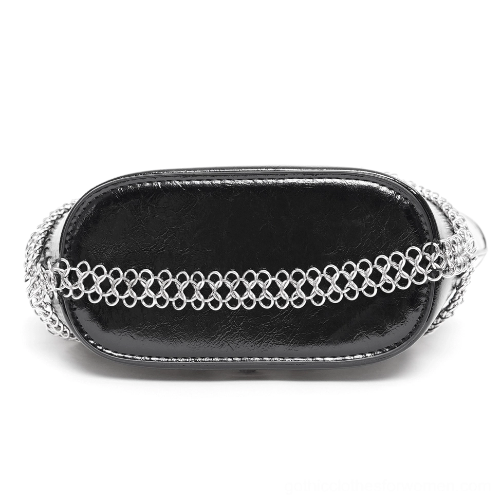 Bottom view of black gothic tote bag showing full silver chain wrap decoration and base construction