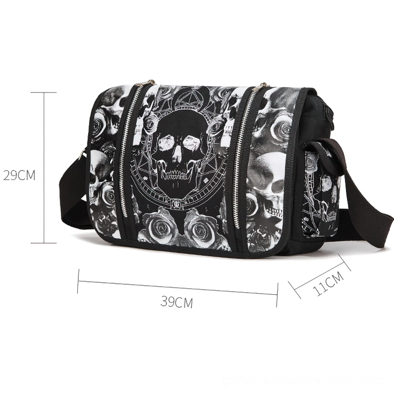 Side view of black canvas crossbody bag showing dimensions 39x29x11cm and adjustable shoulder strap positioning