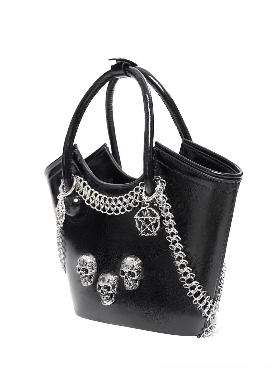 Black gothic tote bag angled side view showing silver chain trim and skull charm accents