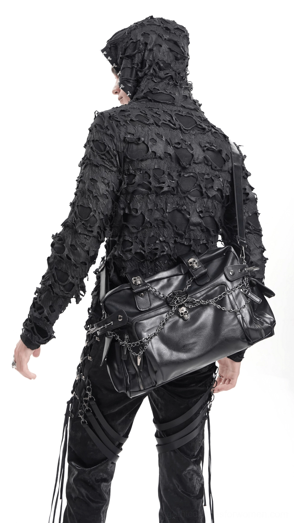 Gothic black tote bag with chain embellishments and spike details, showcasing alternative aesthetic and construction quality