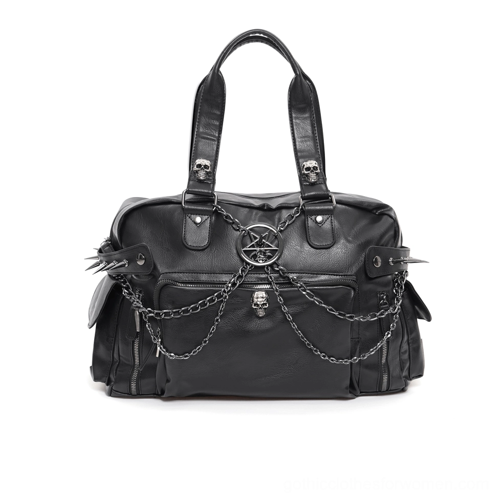 Black gothic tote bag front flat view highlighting pentagram decor, skull ornaments, chain embellishments, and spiked side pockets