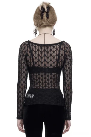 Black gothic lace long sleeve top with low back design, back view on model showcasing mesh lace fabric