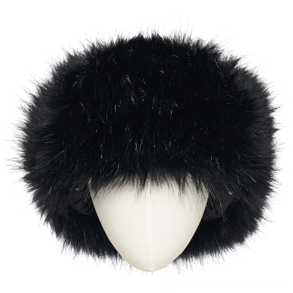 Close-up front view of black plush gothic trapper hat with fluffy fur trim and structured silhouette