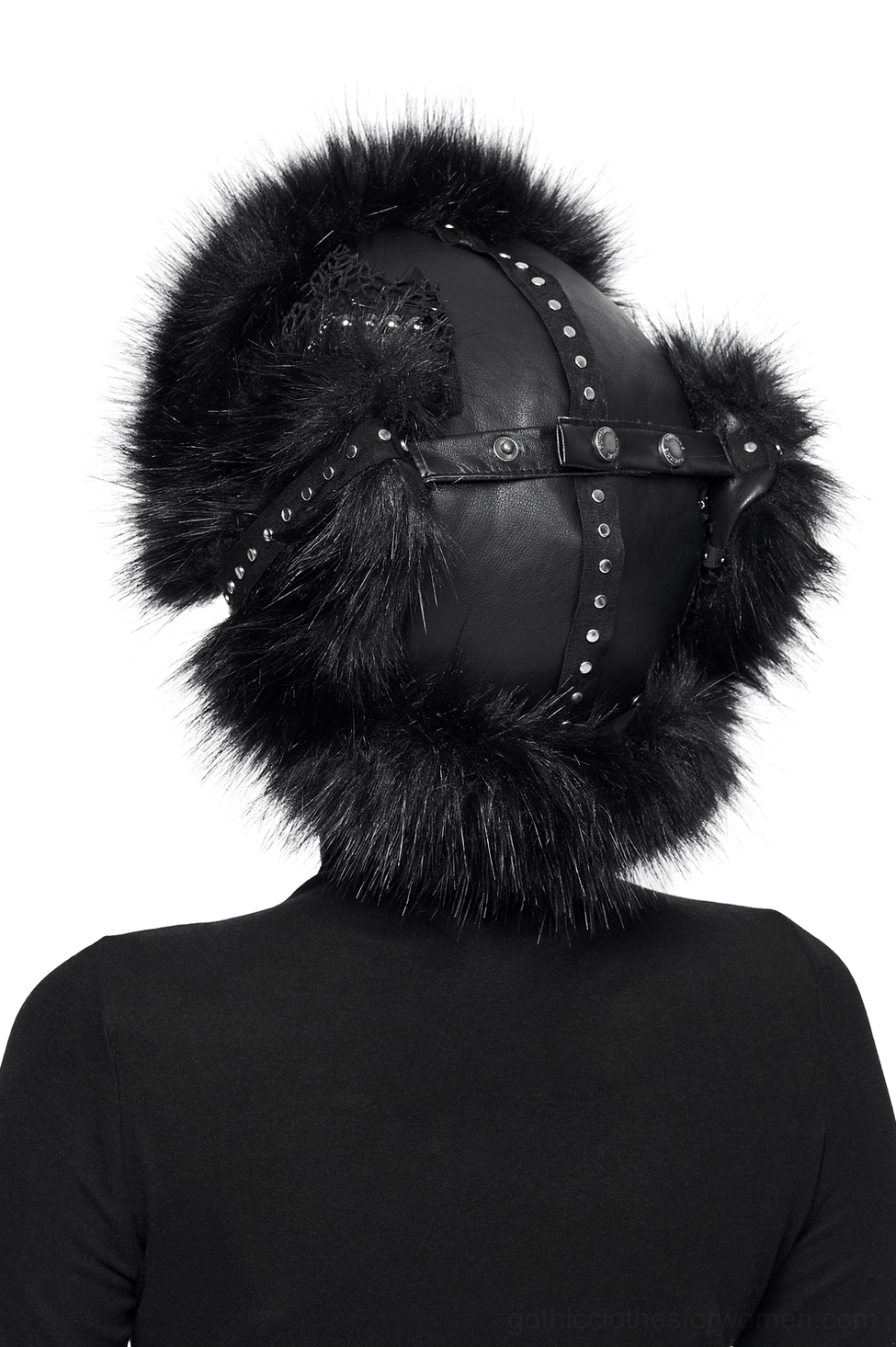 Back view of black gothic trapper hat displaying studded leather straps and plush construction