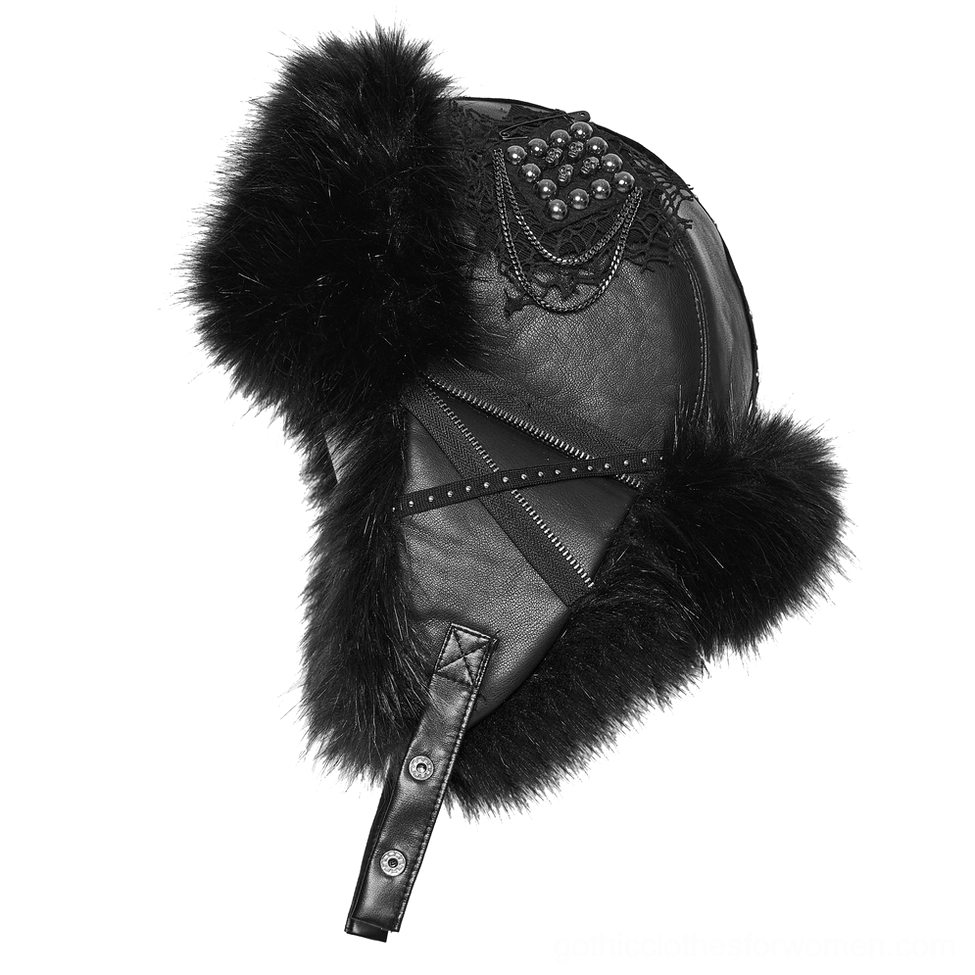 Side partial view of gothic plush trapper hat featuring metal chain decoration and studded leather straps