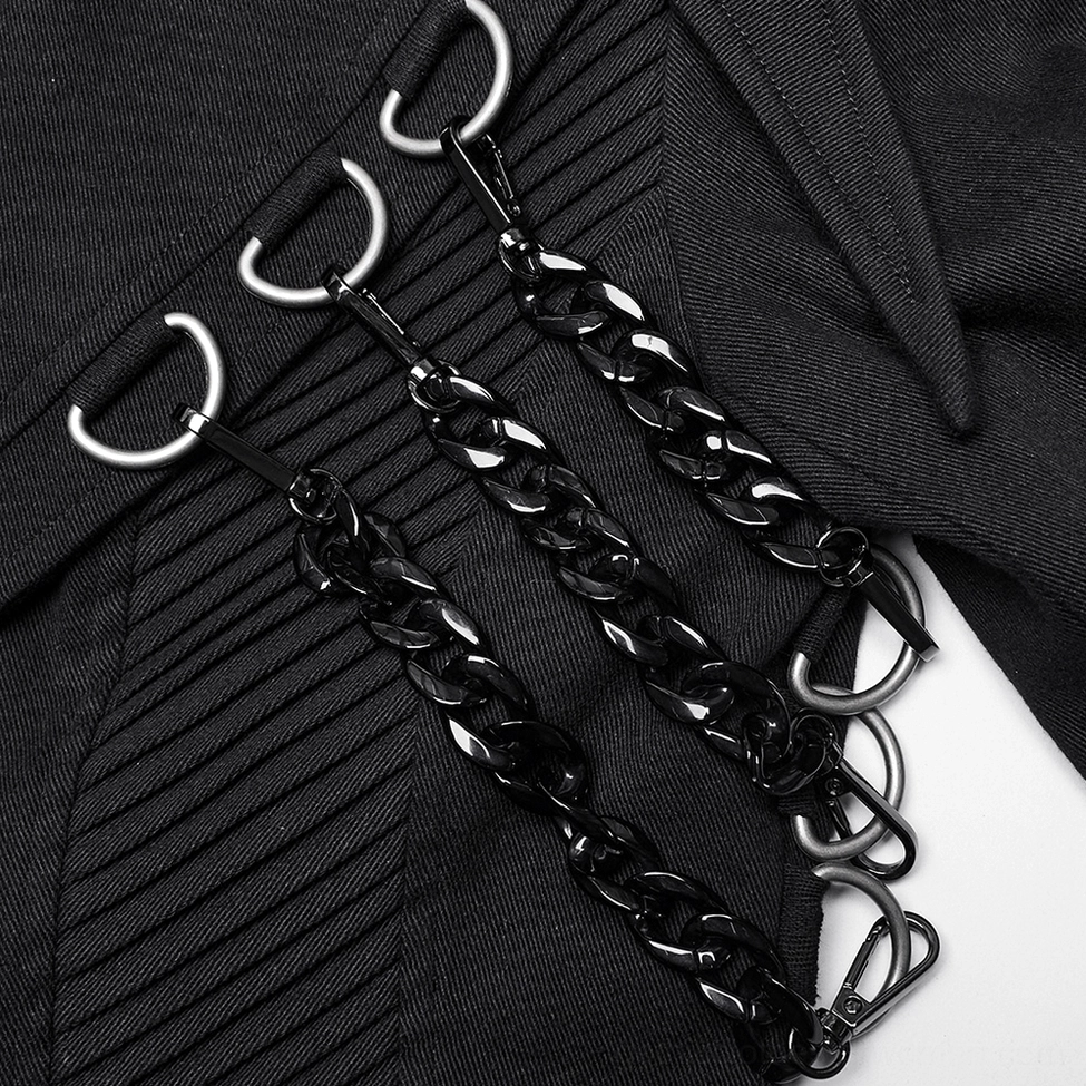 Close-up detail of black gothic trench coat collar metal curb chain and D-ring mount hardware