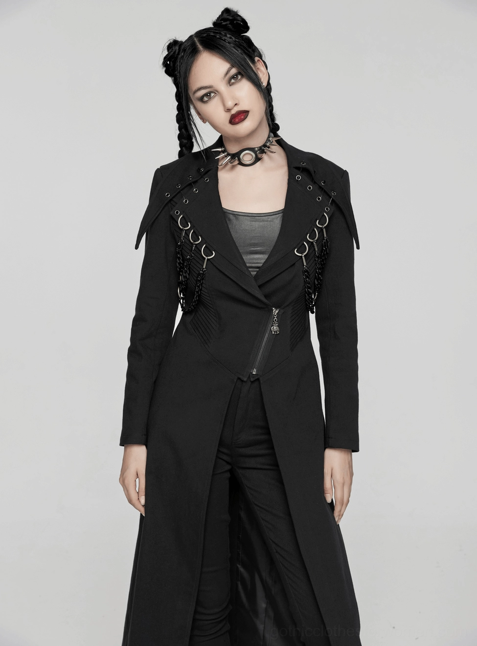 Black gothic trench coat collar system showing double-layered construction and decorative chains