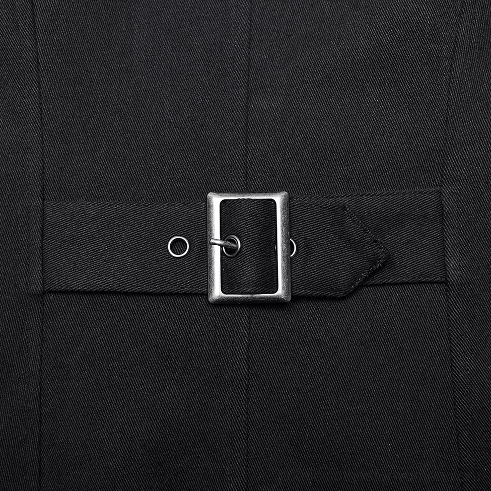Black gothic trench coat double-layered lapel design with pleated fabric and metal embellishments