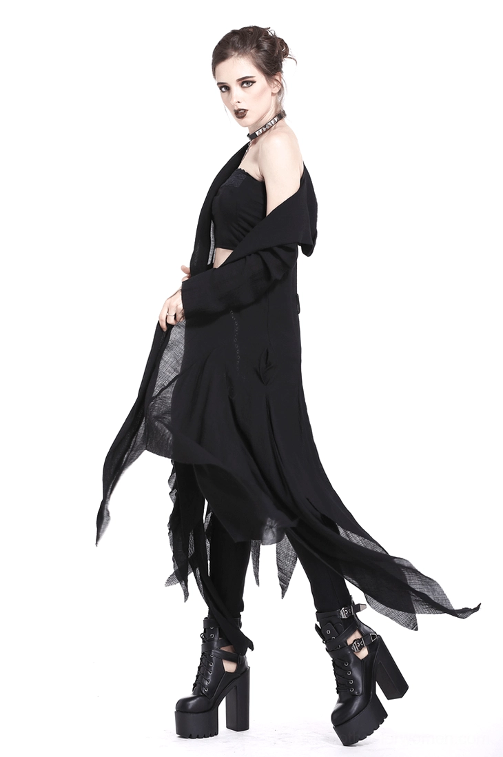 Alternative angle of black gothic trench coat showing open front closure and dramatic draped silhouette