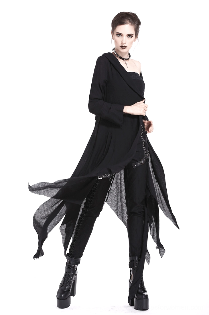 Black gothic hooded long coat with oversized hood and asymmetrical shredded hemline front view
