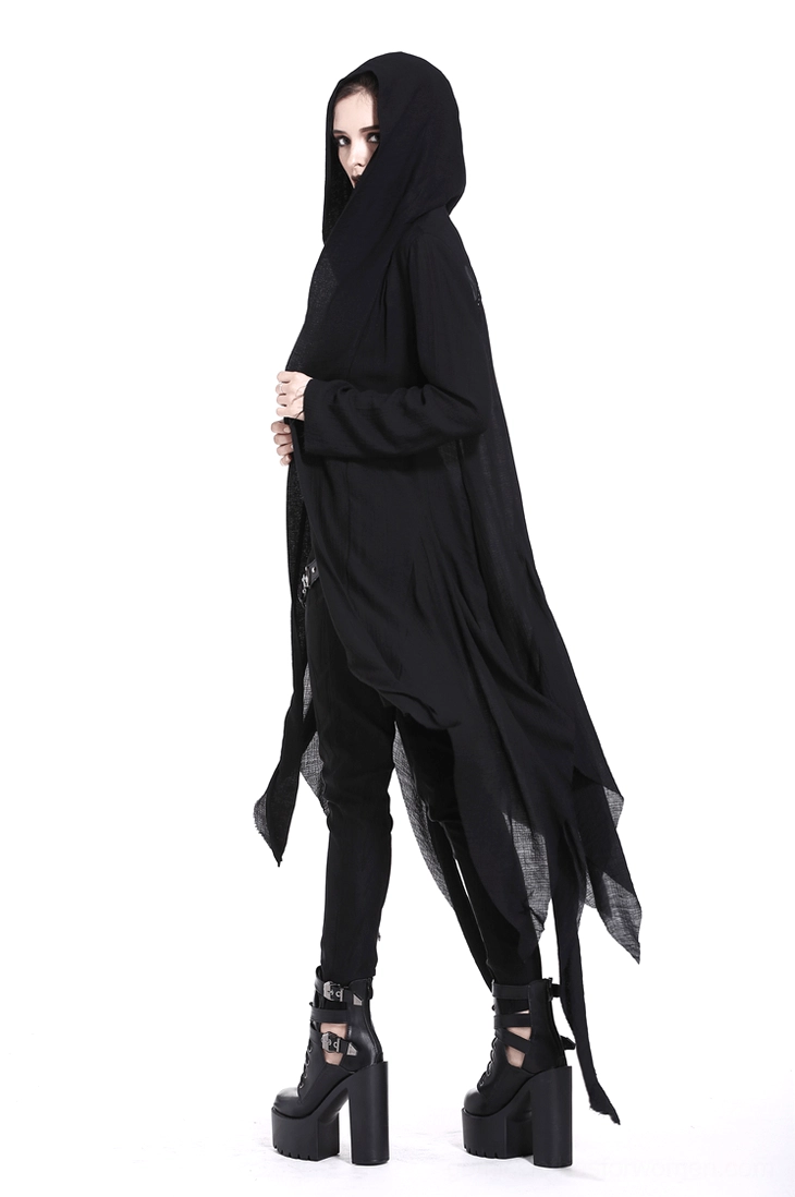 Side profile of goth punk hooded long coat with flowing floor-length silhouette and tattered hem