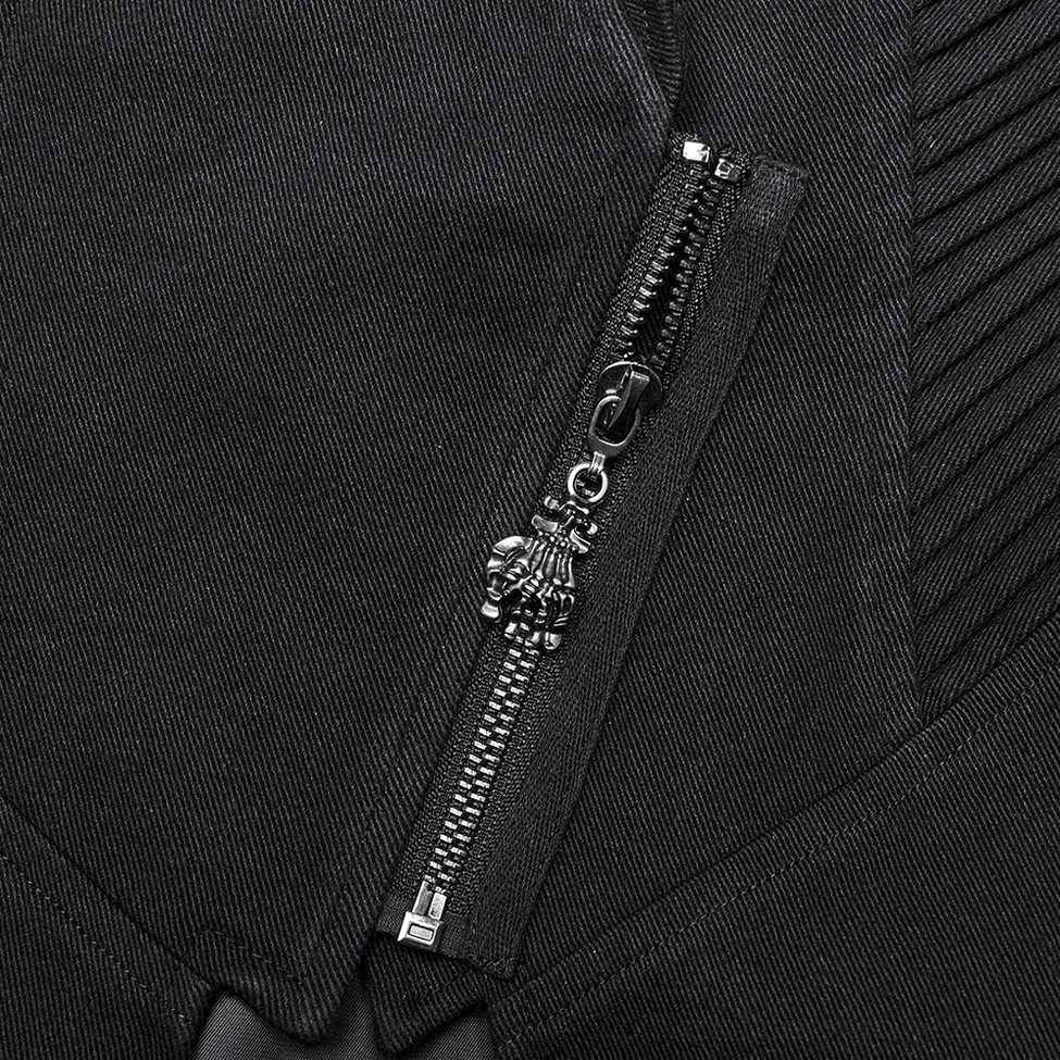 Close-up detail of black gothic trench coat skull-shaped zipper pull and microweave twill texture