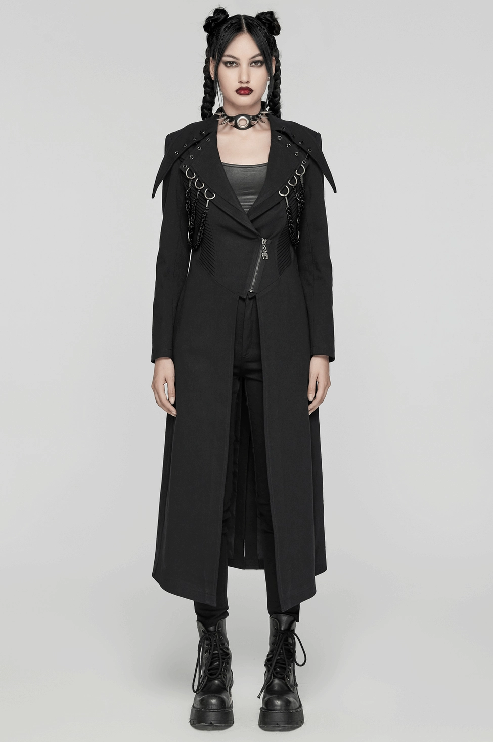 Black gothic trench coat sleeve cuff detail with microweave fabric texture and fitted construction
