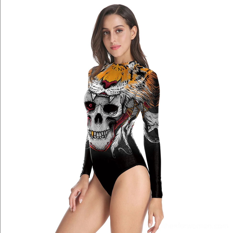 Three-quarter view tribal skull gothic long-sleeve one-piece swimwear – dark aesthetic swimsuit fit