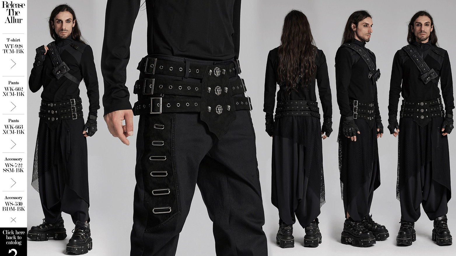 Gothic triple-row skull stud corset belt main product image black woven fabric distressed finish