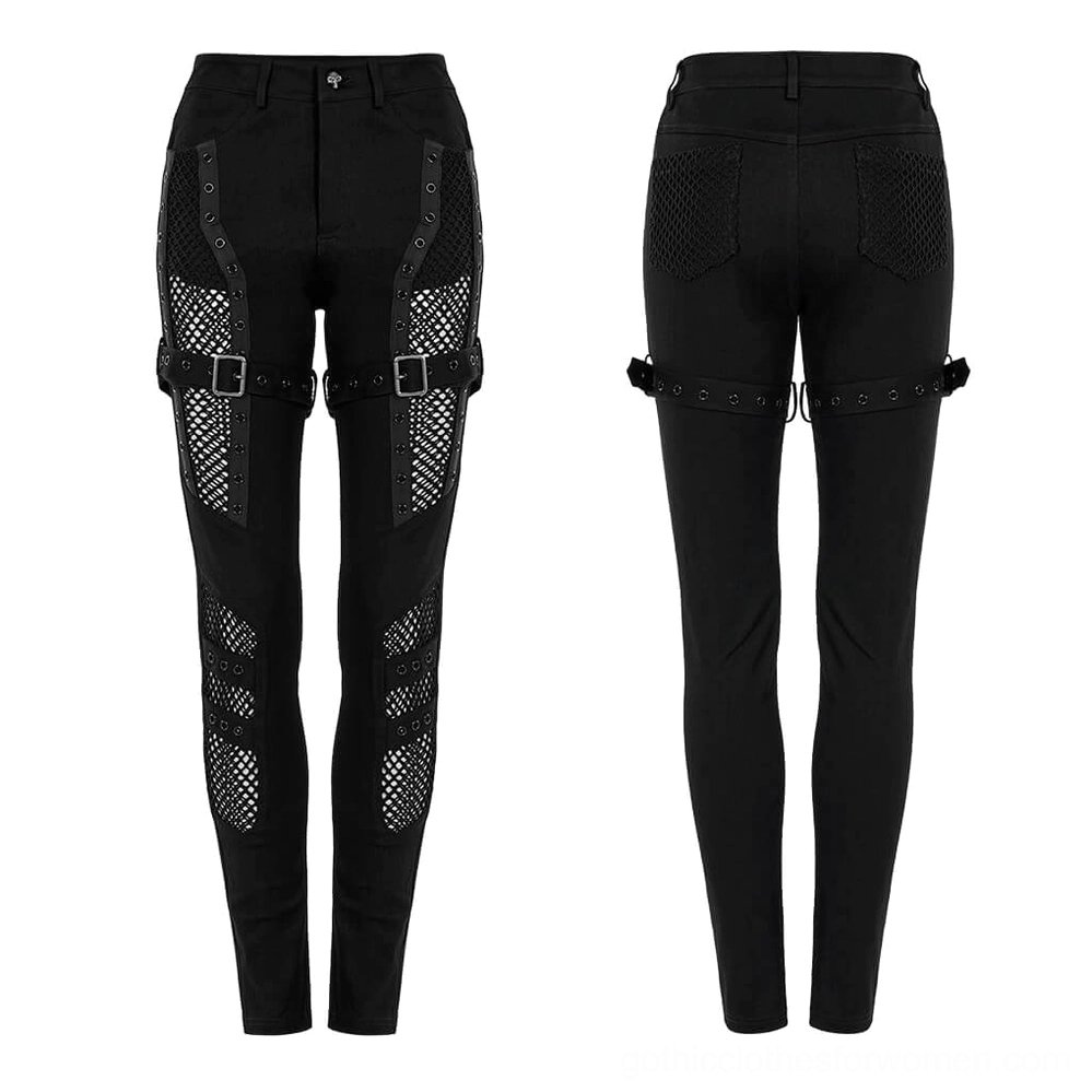 Black gothic trousers flat lay front design with mesh panels and buckle strap features