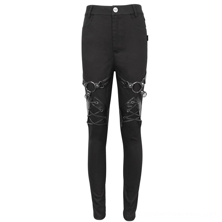 Black gothic slim-fit pants standalone display with O-ring thigh embellishments and lace-up knee decorations, full front view