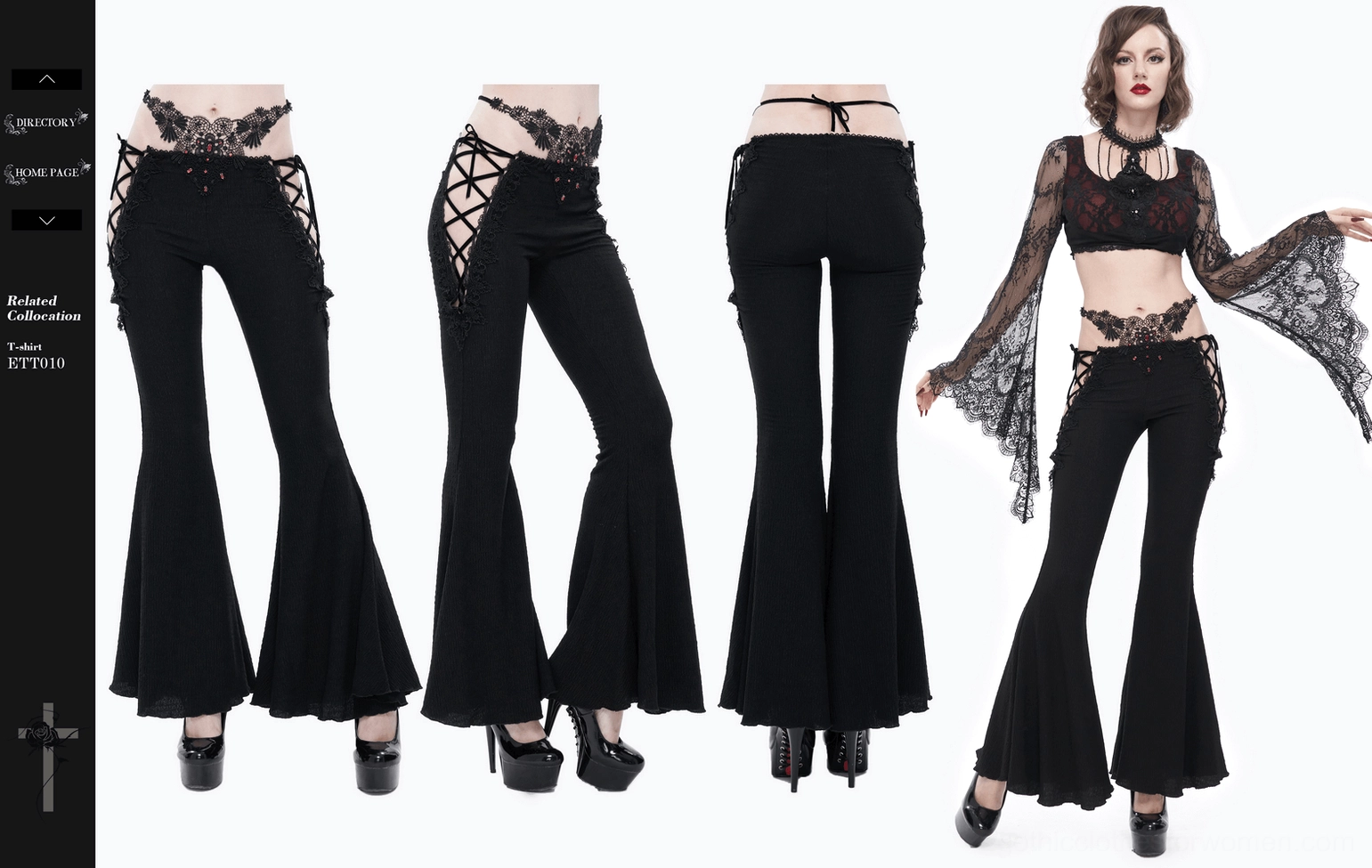 Bottom hem detail of black gothic lace-up trousers showcasing the flared edge and construction
