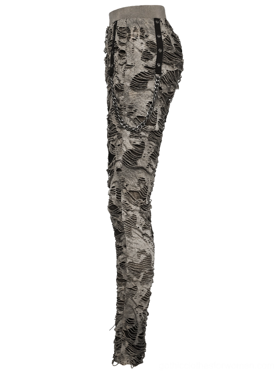 Distressed gothic trousers side view showcasing metal curb chain hanging detail and tight skinny leg fit