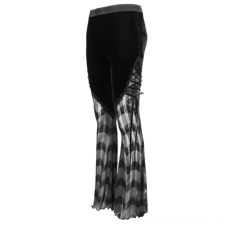 Black gothic pants side flat lay showcasing rear lace-up detail and velvet hip fabric