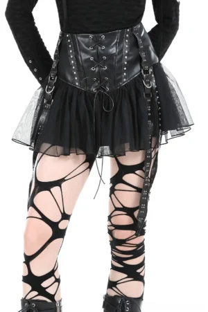 Black lace-up corset tulle mini skirt front view on model showing studded straps and mesh construction