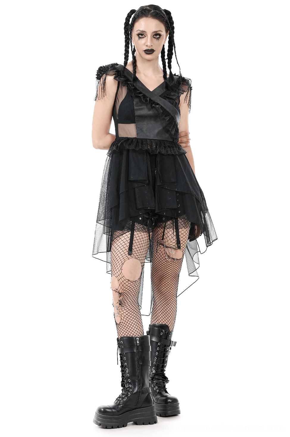 Gothic lace-up corset tiered tulle dress front view on model with braided goth hairstyle, asymmetrical hem with ruffled shoulders and fishnet stockings