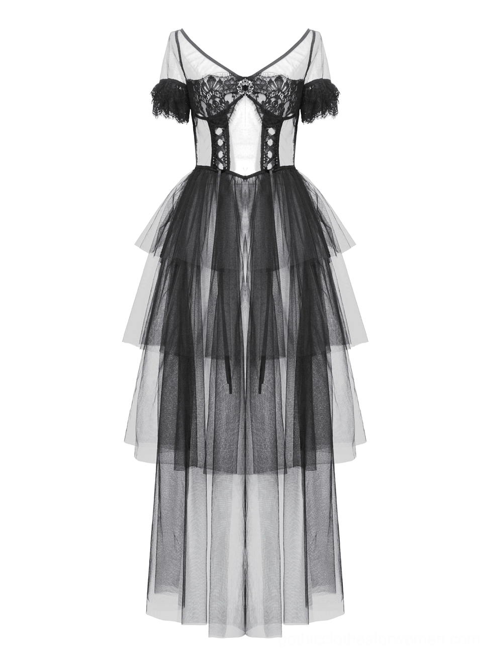 Black lace tulle gothic dress flat lay front view showing corset-style bodice and tiered sheer skirt construction