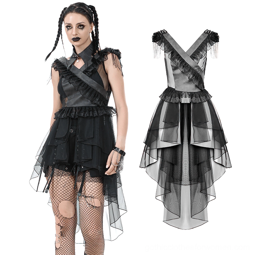 Side three-quarter view of gothic tiered tulle dress with cross-wrap V-neckline, platform combat boots, and ripped fishnet tights on model