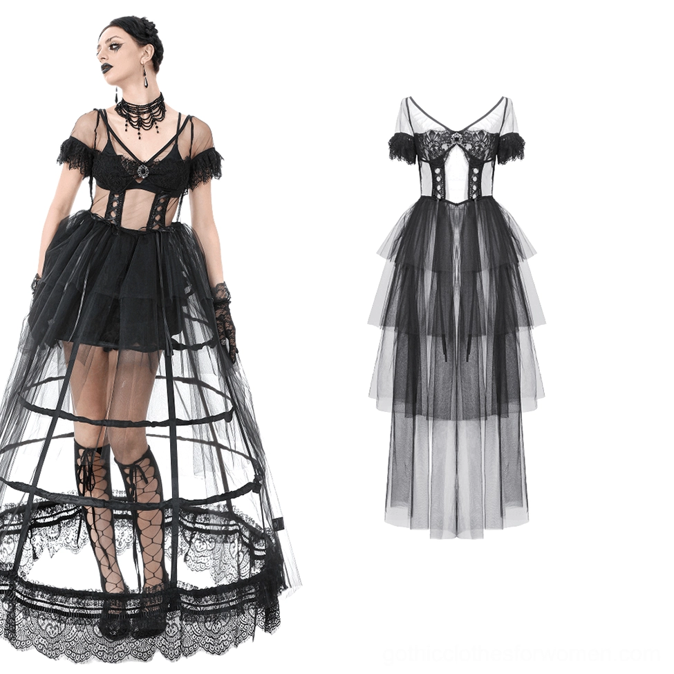 Black gothic tulle dress three-quarter view with matching gothic jewelry and detailed tiered layers