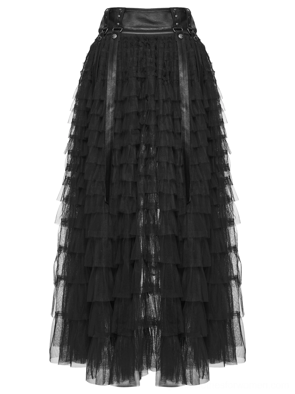 Three-quarter flat lay of black gothic tulle skirt displaying full ruffled tiered design with studded waist straps